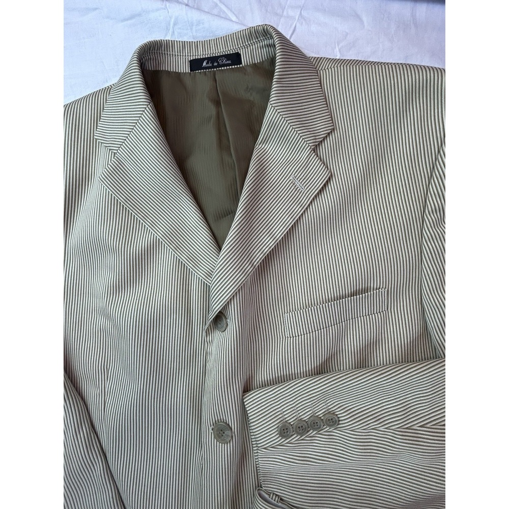 Lineage Men's Seersucker Suit Vtg 44r Olive/cream Stripe 46x40